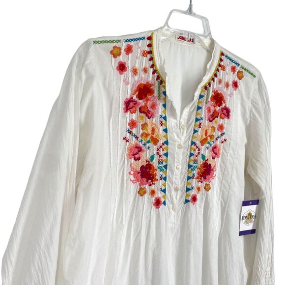 Johnny Was Tunic Blouse Floral Embroidery White Boho Artsy Romantic Feminine L - Picture 6 of 11